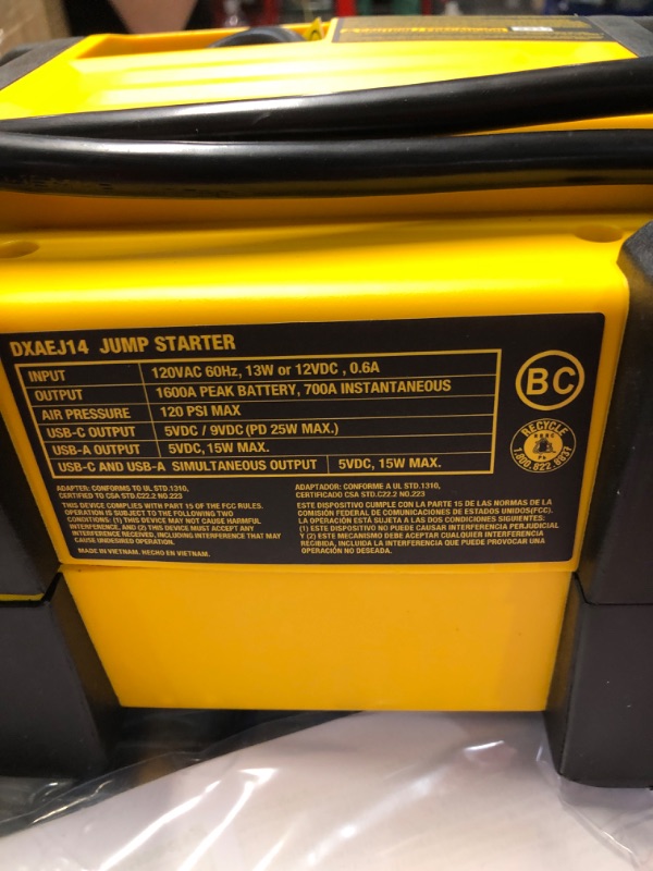 Photo 7 of DEWALT DXAEJ14-Type2 Digital Portable Power Station Jump Starter - 1600 Peak Amps with 120 PSI Compressor, AC Charging Cube, 15W USB-A and 25W USB-C Power for Electronic Devices 1600 Amps