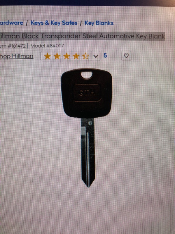 Photo 1 of Hillman Black Transponder Steel Automotive Key Blank