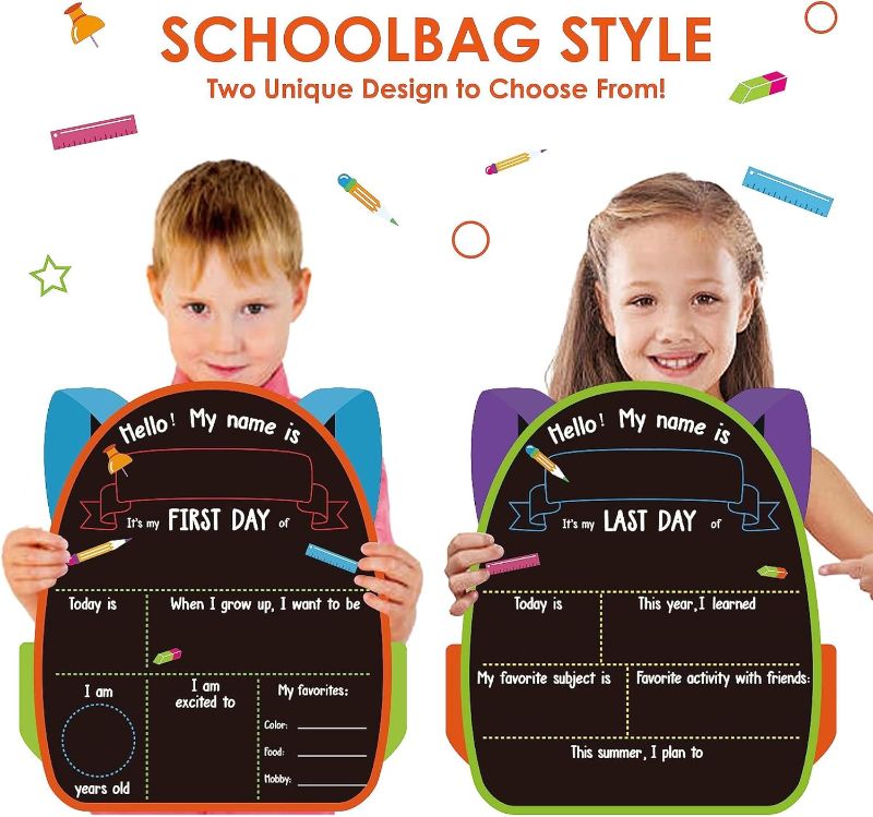 Photo 1 of Funto First & Last Day of School Chalkboard, 13 x 10 Inch Double Sided Back to School Sign for Kids/Girls/Boys, Reusable Wooden 1st Day of Preschool/Kindergarten Photo Props