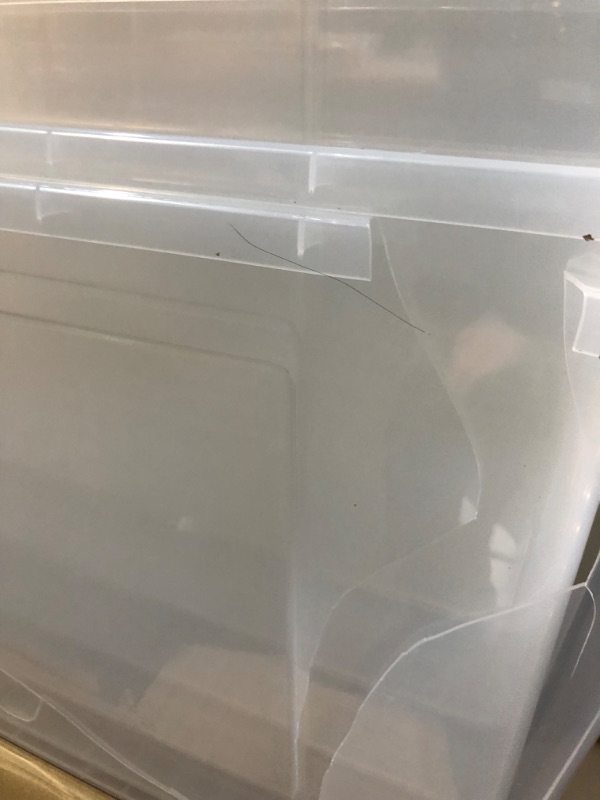 Photo 2 of **DAMAGE** Plastic Storage Bin Box with Lid and Secure Latching Buckles, Clear, 95Qt x 6, Pack of 6 - 5 of 6 Lids Cracked, 1 Bin Cracked (see photos)