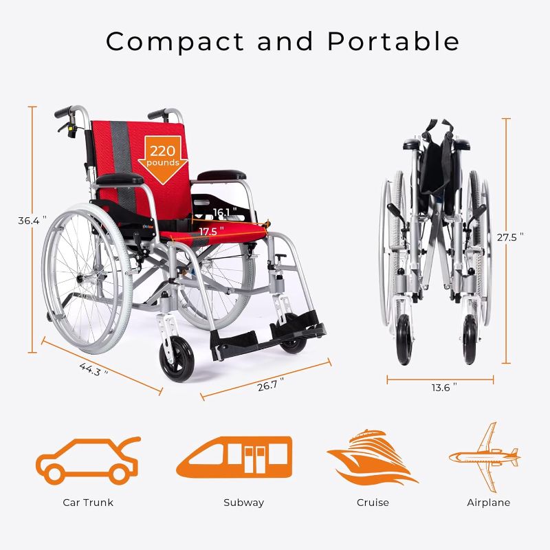 Photo 4 of (READ FULL POST) Magnesium Lightweight Wheelchair - 21lbs Self Propelled Chair with Travel Bag & Cushion, Folding 17.5” W Seat, Park & Brake Anti Tipper, Swing Away Footrests, Ultra Light (Red with Gray Stripe)