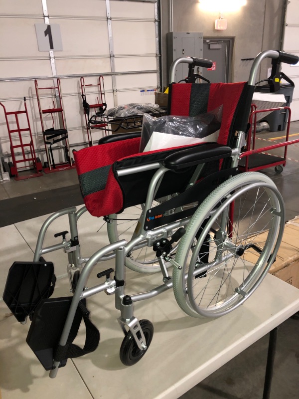 Photo 2 of (READ FULL POST) Magnesium Lightweight Wheelchair - 21lbs Self Propelled Chair with Travel Bag & Cushion, Folding 17.5” W Seat, Park & Brake Anti Tipper, Swing Away Footrests, Ultra Light (Red with Gray Stripe)