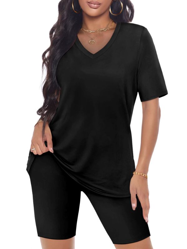 Photo 1 of 2 Piece Outfits For Women V Neck T-Shirt Tops And Biker Shorts Sets Tracksuit Small Black