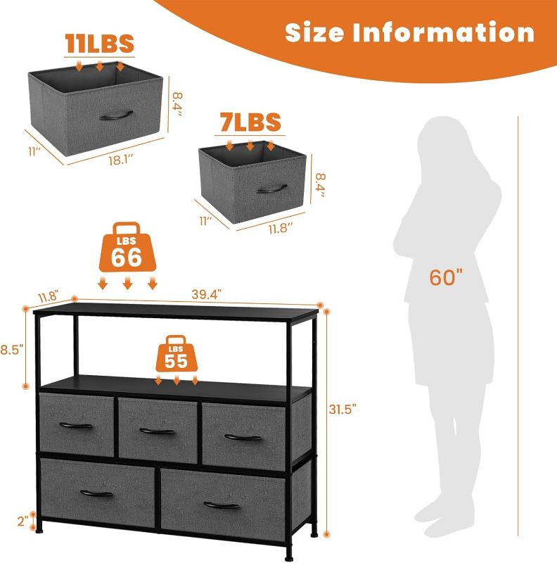 Photo 3 of (NON-REFUNDABLE) Sweetcrispy 5 Drawers Dresser for Bedroom, TV Stand Furniture, Tall Chest Tower, Storage Organizer Units for Clothing, Closet, Fabric Bins, Wood Top, Steel Frame, Lightweight, Assemble Tools Include 11.81" D x 38" W x 30.7" H Charcoal Bla