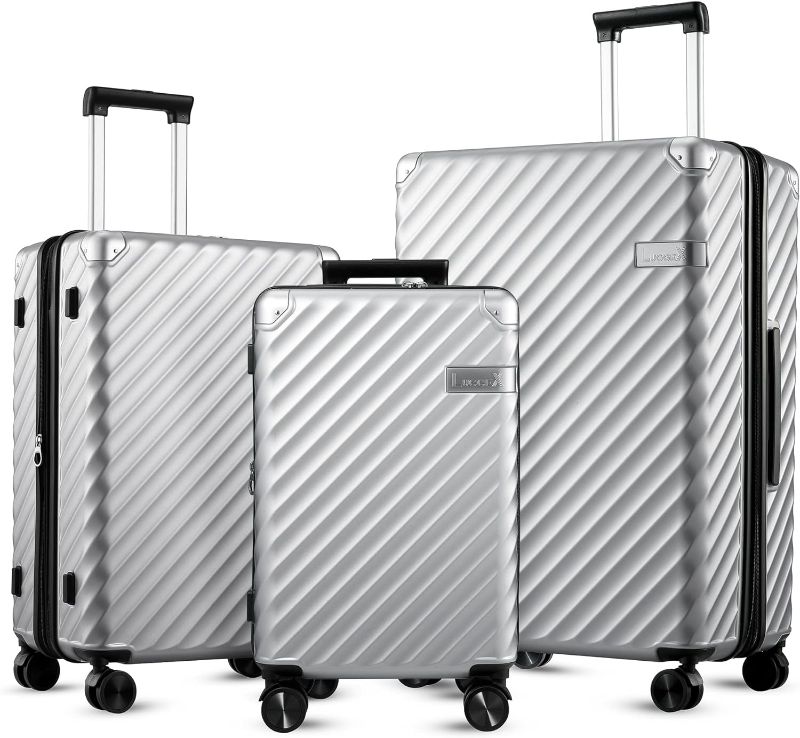 Photo 1 of ***MAJOR DAMAGE TO LARGE*PULL HANDLE NROKEN*MINOR DAMAGE TO ALL*SCUFFS /WEAR*PICTURED***
LUGGEX 3 Piece Luggage Sets with Spinner Wheels - 100% Polycarbonate Expandable Hard Suitcases with Wheels - Travel Luggage TSA Approve (Silver, 20/24/28) - COMBINATI