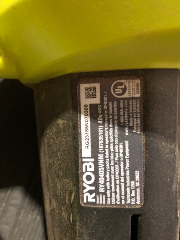 Photo 3 of ***HEAVILY USED AND DIRTY - NO BATTERY OR CHARGER - UNABLE TO TEST***
RYOBI 40-Volt VacAttack Lithium-Ion Cordless Leaf Vacuum Mulcher with Metal Impeller,Variable Speed Dial, and Heavy Duty Bag (Battery and Charger Not Included)