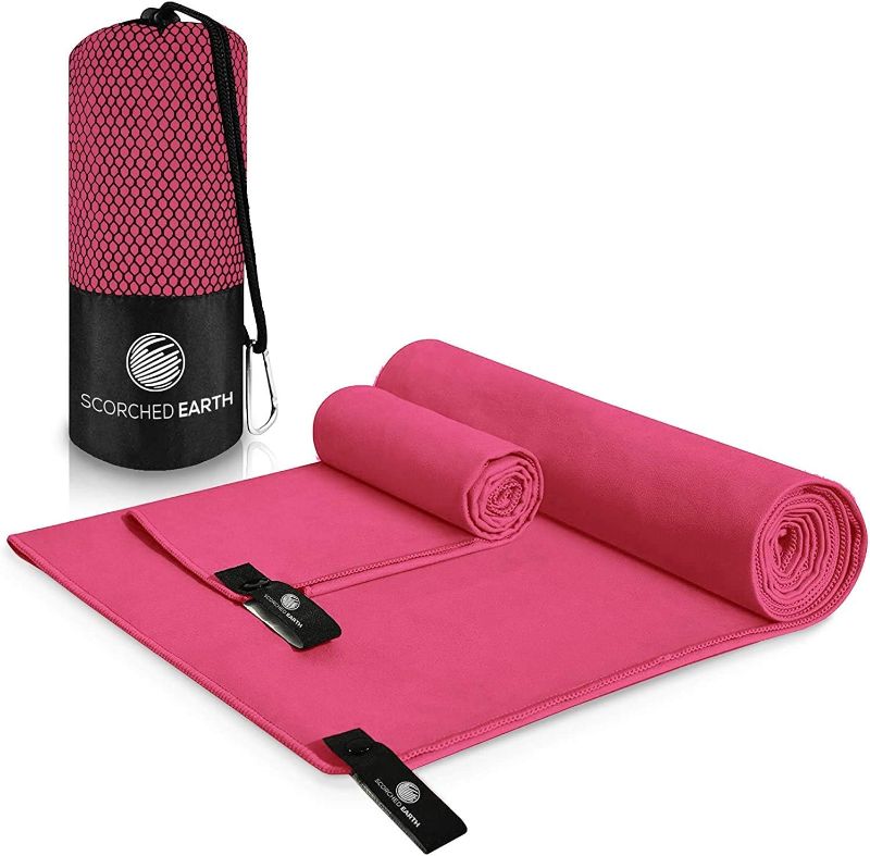 Photo 1 of  Microfiber Travel Towel (60x30 and 12x24 inch), Quick Dry Towel for Beach Camping Gym Swimming Yoga and Sports, Super Absorbent, Lightweight and Ultra Compact (XLarge/Rose red) 