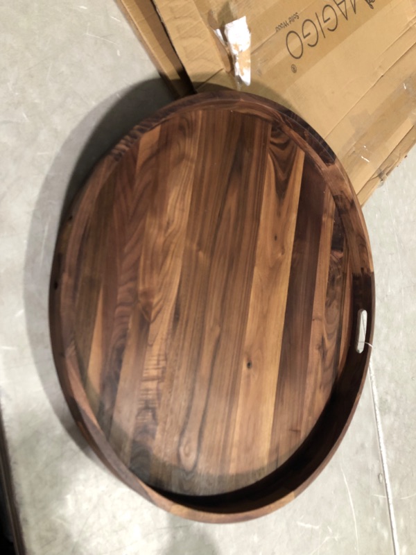 Photo 4 of ***DAMAGED - WOOD SPLIT IN MULTIPLE LOCATIONS - DIRTY - SEE PICTURES - NO PACKAGING***
MAGIGO 26 Inches Extra Large Round Black Walnut Wood Ottoman Tray with Handles, Serve Tea, Coffee, Classic Circular Wooden Decorative Serving Tray