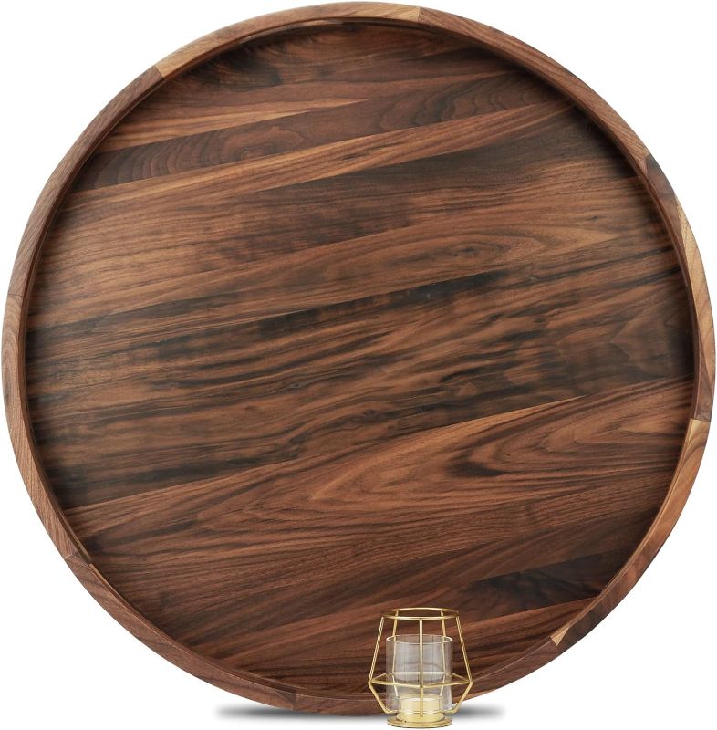 Photo 1 of ***DAMAGED - WOOD SPLIT IN MULTIPLE LOCATIONS - DIRTY - SEE PICTURES - NO PACKAGING***
MAGIGO 26 Inches Extra Large Round Black Walnut Wood Ottoman Tray with Handles, Serve Tea, Coffee, Classic Circular Wooden Decorative Serving Tray