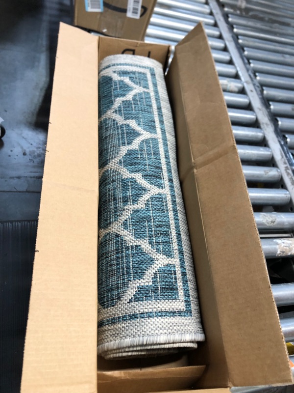 Photo 2 of JONATHAN Y SMB109E-28 Trebol Moroccan Trellis Textured Weave Indoor Outdoor Area-Rug Bohemian Modern Easy-Cleaning Bedroom Kitchen Backyard Patio Non Shedding, 2 X 8, Teal/Gray Teal/Gray 2 X 8