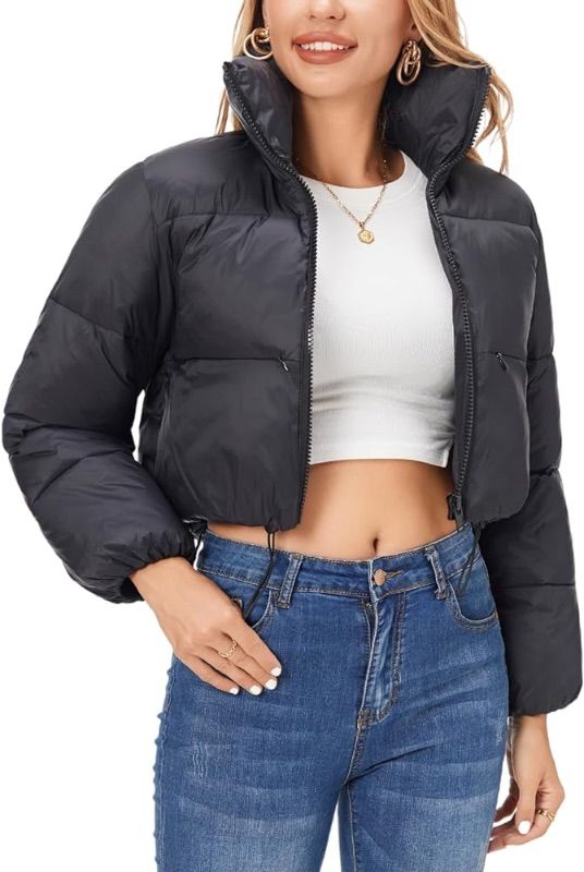 Photo 1 of (women's small) Fuinloth Women's Puffer Jacket, High Stand Collar Zip Pocket Crop Long Sleeve Coat (S)