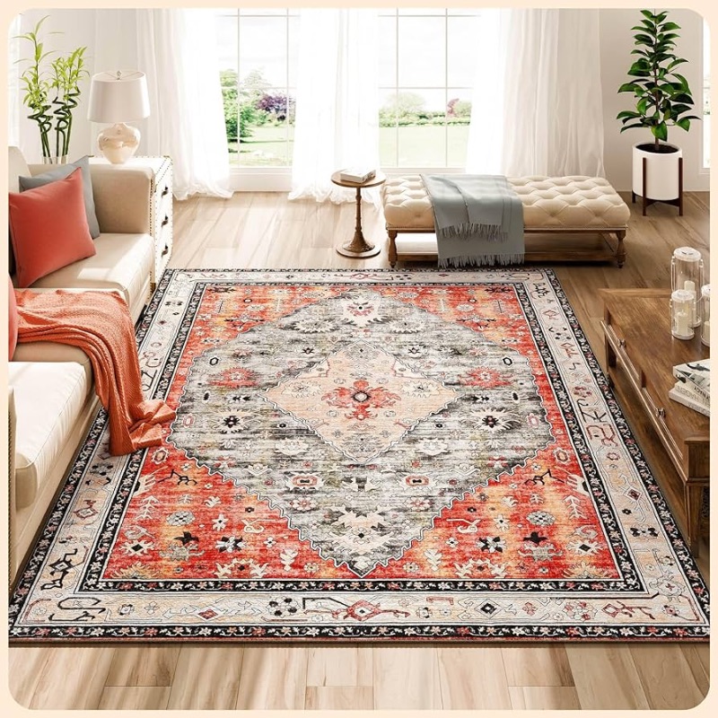 Photo 1 of **NOT EXACT SAME AS STOCK PHOTO** Rugs 8x10 - Red & Teal Rug - Pet Friendly Area Rugs 8x10 - Non Shedding Neutral Area Rugs 8x10 - Anti-Slip Backing Thick Area Rugs 8x10 - Rugs for Bedroom with Soft Microfiber