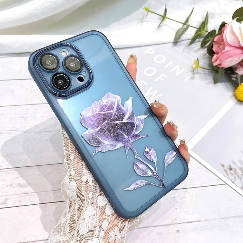 Photo 1 of KANGHAR Fairy Rose for iPhone 13 Pro Max Case for Women Girls Built-in Glitter Sparkly Screen Protector Camera Protection Lens Shockproof Rose Floral Pattern Elegant Phone Case -Blue