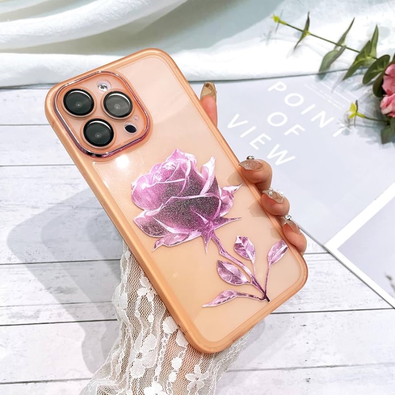 Photo 1 of KANGHAR Fairy Rose for iPhone 13 Pro Max Case for Women Girls Built-in Glitter Sparkly Screen Protector Camera Protection Lens Shockproof Rose Floral Pattern Elegant Phone Case -Pink