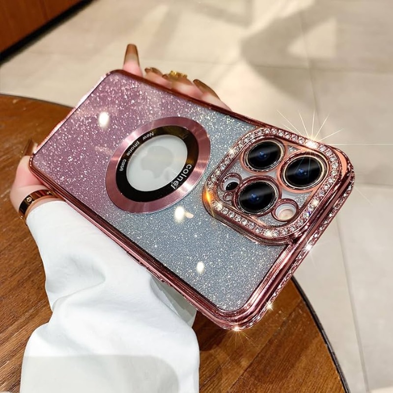 Photo 1 of MZELQ for iPhone 12 Pro Max Case Bling Glitter Gradient ?Support for Magsafe? Diamond Camera Protector Magnetic Logo View Shockproof Phone Case for Girls Women Screen Protector Crystal Case -Pink