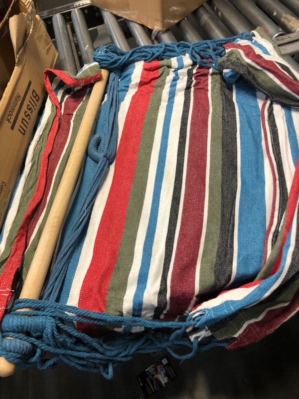 Photo 2 of Blissun Hanging Hammock Chair, Hanging Swing Chair with Two Cushions, 34 Inch Wide Seat Blue & Green Stripes (Cool Breeze)
