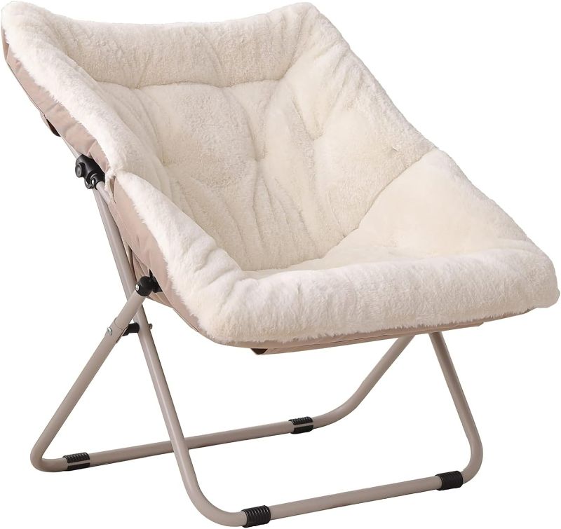 Photo 1 of Tiita Saucer Chair and Folding Footrest Stool Set, Soft Faux Fur Oversized Accent Chair, Metal Frame Moon Chair for Bedroom, Living Room, Dorm Rooms, Garden and Courtyard Beige Sets Square Chair