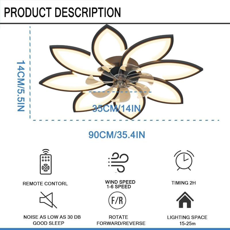 Photo 4 of (NON-REFUNDABLE) 35''Ceiling Fans with Lights,Bladeless Ceiling Fan with Lights and Remote, Flush Mount Ceiling Fan with Dimmable LED Light,Modern Low Profile Ceiling Fan 6 Speed Wind Timing for Bedroom 90W (White)