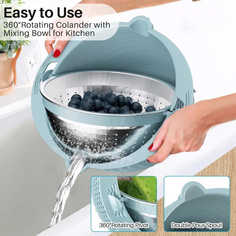 Photo 1 of 4 in 1 Colander with Mixing Bowl Set, 2024 New Rotatable Colander Drain Basket with Lid & Slicer, Multifunctional Vegetable Washing Strainer Basket, Salad Spinner for Homes Kitchen (Blue)