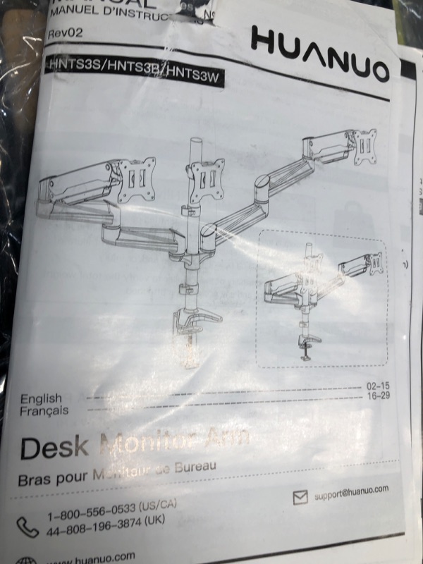 Photo 2 of HUANUO Triple Monitor Stand - 3 Monitor Mount with Gas Spring Monitor Arm Fit Three 17 to 32 inch Flat/Curved LCD Computer Screens with Clamp, Grommet Kit, Black