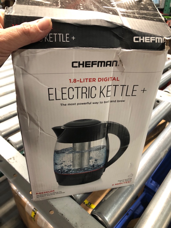 Photo 2 of (HEAVILY USED) Chefman Digital Electric Kettle with Rapid 3 Minute Boil Technology, Custom Steep Timer and Temperature Presets, Bonus Tea Infuser, Rust and Discoloration Proof, 1.8 Liter, Matte Black, 1500W Black Glass with Tea Infuser