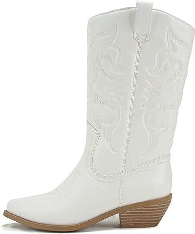 Photo 1 of Soda Reno Women Western Cowboy Pointed Toe Knee High Pull On Tabs Boots (White/Beige Pu, US Footwear Size System, Adult, Women, Numeric, Medium, 9)
