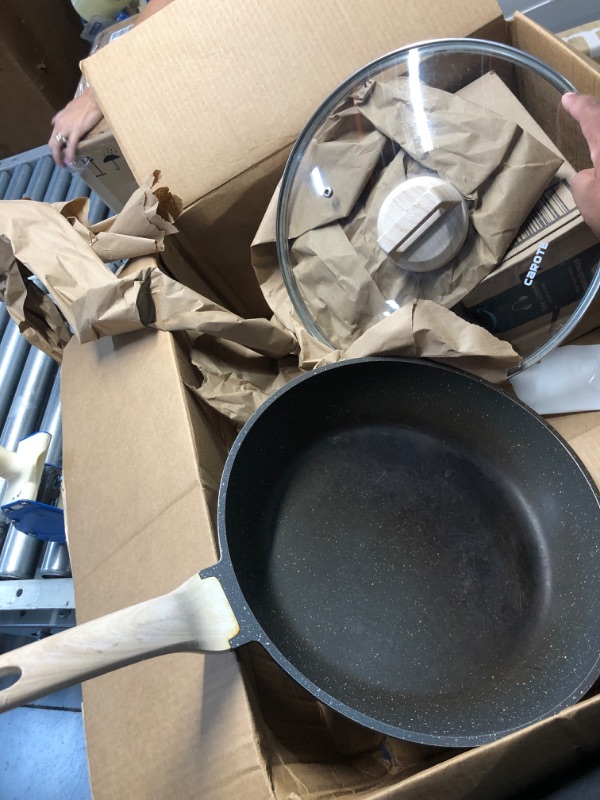 Photo 3 of **READ NOTES, MAJOR DAMAGE**
CAROTE Nonstick Frying Pan Skillet,12" Non Stick Granite Fry Pan with Glass Lid, Egg Pan Omelet Pans, Stone Cookware Chef's Pan, PFOA Free (Classic Granite, 12-Inch) Black 12" frying pan w/lid