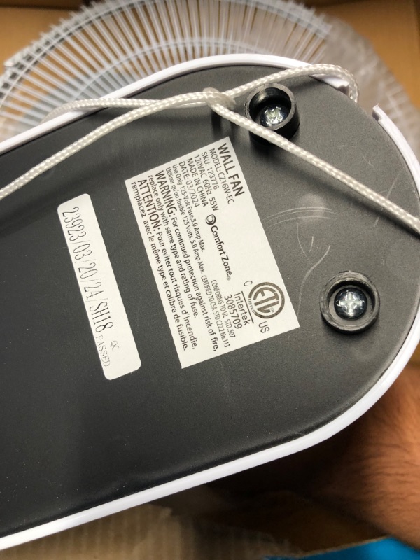 Photo 1 of Comfort Zone Oscillating Wall Mount Fan with Adjustable Tilt, 16 inch, 3 Speed, Metal Grille, 90 Degree Oscillation, Airflow 14.07 ft/sec, Ideal for Home, Bedroom, Gym & Office, CZ16W 16" Standard