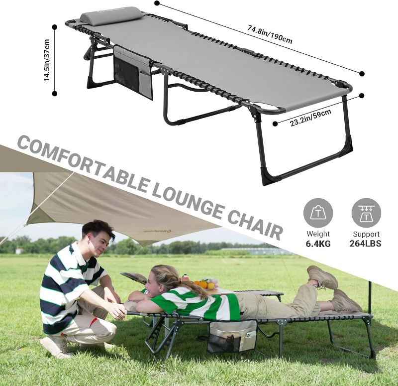 Photo 5 of (READ FULL POST) KingCamp Folding Chaise Lounge Chair for Outside Beach, Sunbathing, Patio, Pool, Lawn, Deck, Lay Flat Adjustable Portable Heavy-Duty Camping Reclining Chair with Shoulder Strap and Pillow, Grey Grey/1 Pack