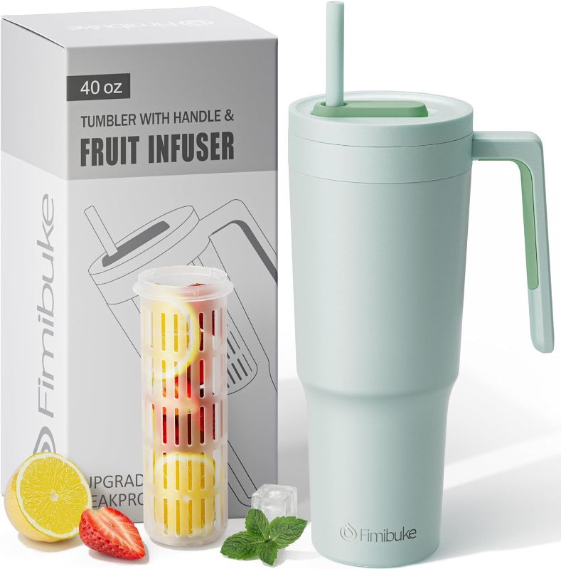 Photo 1 of **actual item darker green color see photo**
Fimibuke 40 oz Tumbler with Handle & Fruit Infuser, Stainless Steel Vacuum Insulated Cup with Lid & Straw, Water Infusion Bottle Cupholder Friendly Travel Mug Mothers Day Gifts for Mom Grandma Auntie A1. Lavend