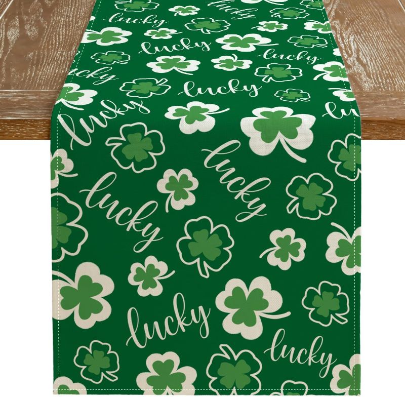 Photo 1 of  St Patricks Day Table Runner 13x72 Inches, Green Shamrock Lucky Spring Seasonal Farmhouse Burlap Indoor Kitchen Dining Table Decorations for Home Party AT537-72