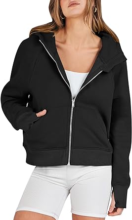 Photo 1 of ANRABESS Women Hoodies Fleece Lined Full Zipper Sweatshirts Long Sleeve Crop Tops Clothes Sweater Thumb Hole black L
