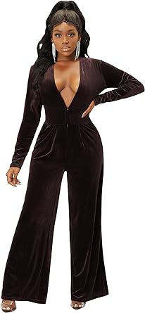 Photo 1 of SheKiss Womens 2024 Sexy Deep V Neck Solid Velvet Harem Jumpsuits Long Sleeves Elastic Waist Loose Fit Pants 2XL
