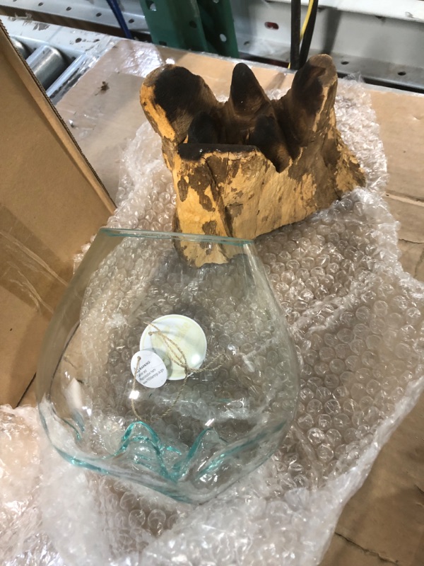 Photo 4 of Medium Hand-Blown Melted Glass Fish Bowl Vase Terrarium on Driftwood Base – Decorative Centerpiece Full or Empty