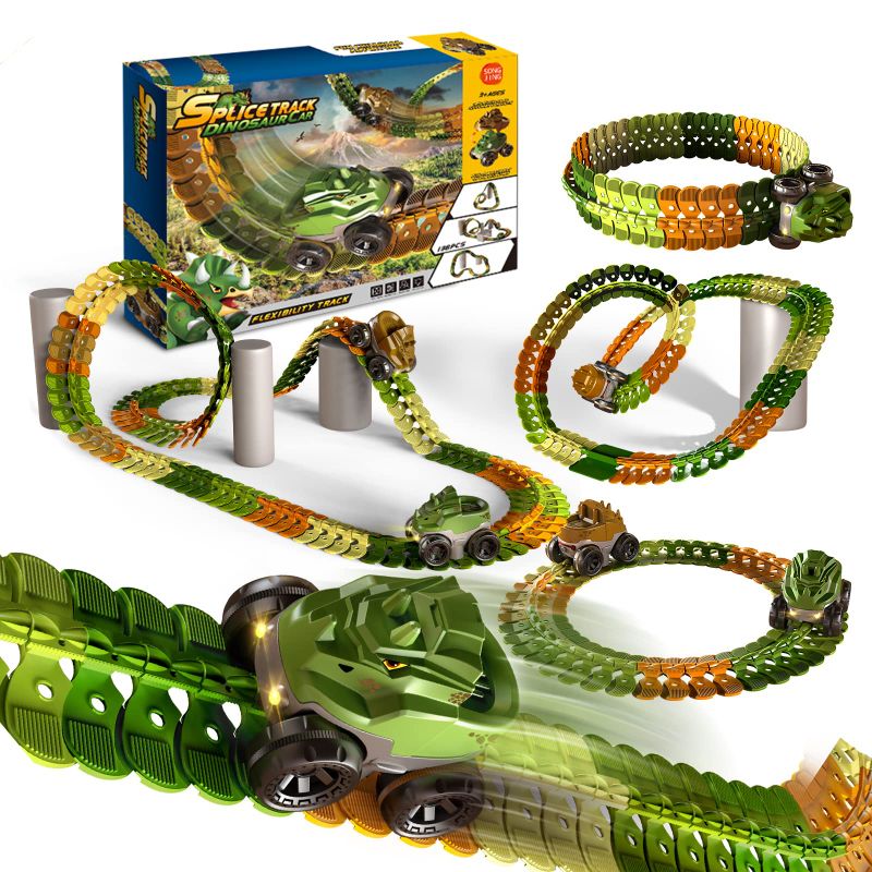 Photo 1 of (READ FULL POST) [92] Anti Gravity Dinosaur Race Car Track Toys Flexible Race Slot Car Magic Track with LED Lights Various Ways for Toddlers Kids Preschooler Boys (92pcs)

