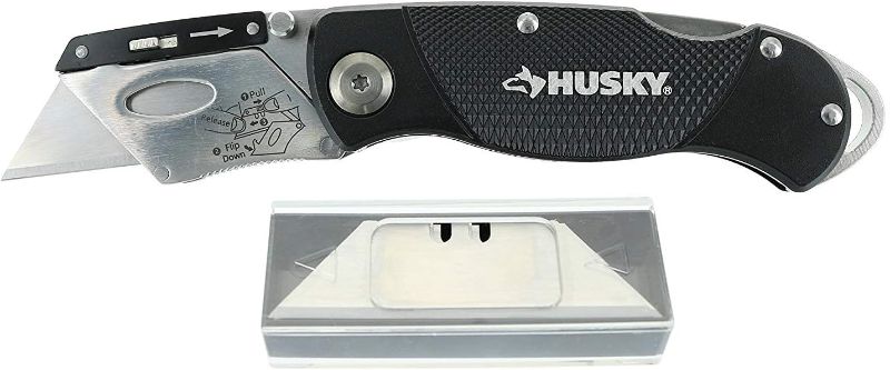 Photo 1 of 
Husky 21113 Folding Sure-Grip Lock Back Utility Knife w/ 10 Disposable Blades Included (Colors Vary)