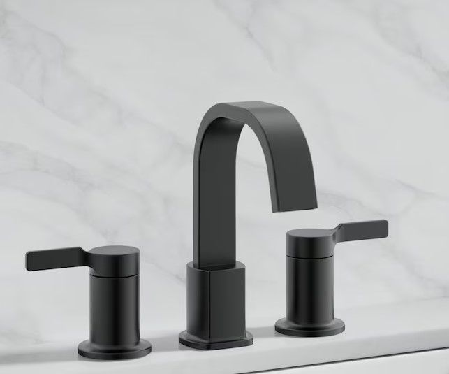 Photo 1 of (see all images) Origin 21 Veda Matte Black Widespread 2-Handle WaterSense Bathroom Sink Faucet with Drain
