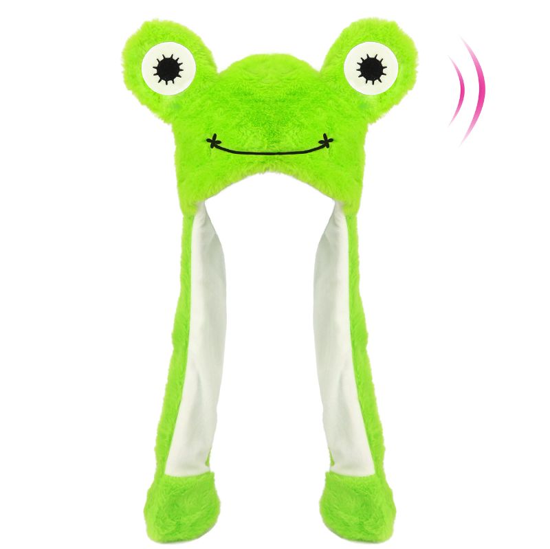 Photo 1 of Hopearl Frog Hat with Ears Moving Jumping Pop Up Beating Hat Plush Holiday Cosplay Dress Up Funny Christmas Winter Birthday Gift for Kids Boys Girls, Green, 22'' 02 F