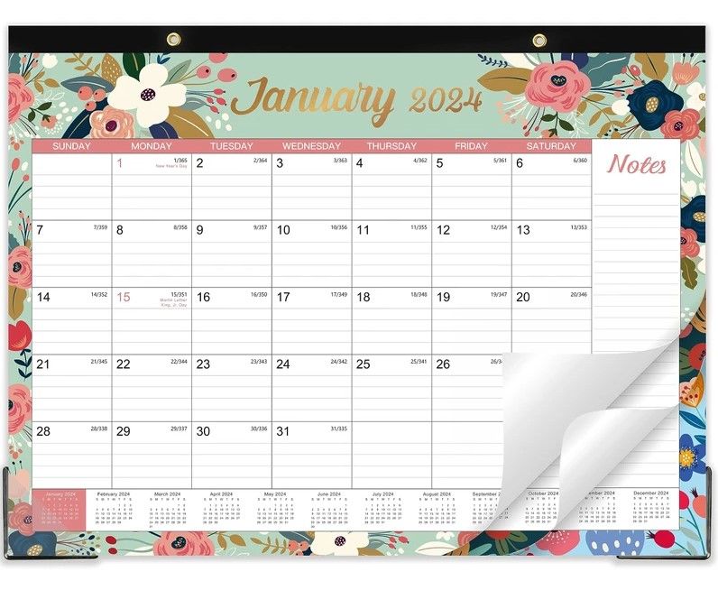 Photo 1 of Desk Calendar 2024 - Jan. 2024 - Dec. 2024, 12 Monthly Desk/Wall Calendar 2024,16.8" x 12", Thick Paper with Corner Protectors, Large Ruled Blocks - Floral
