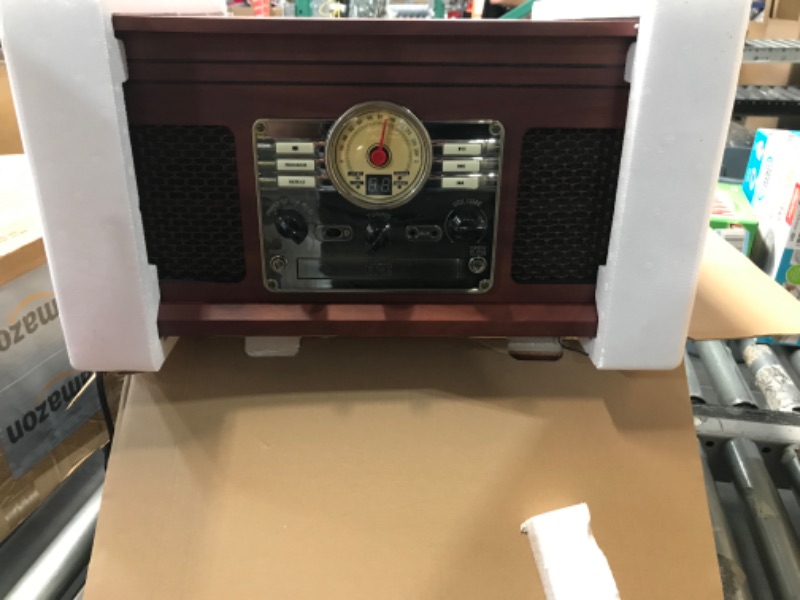 Photo 2 of Victrola Nostalgic 6-in-1 Bluetooth Record Player & Multimedia Center with Built-in Speakers - 3-Speed Turntable, CD & Cassette Player, FM Radio | Wireless Music Streaming | Mahogany Mahogany Entertainment Center