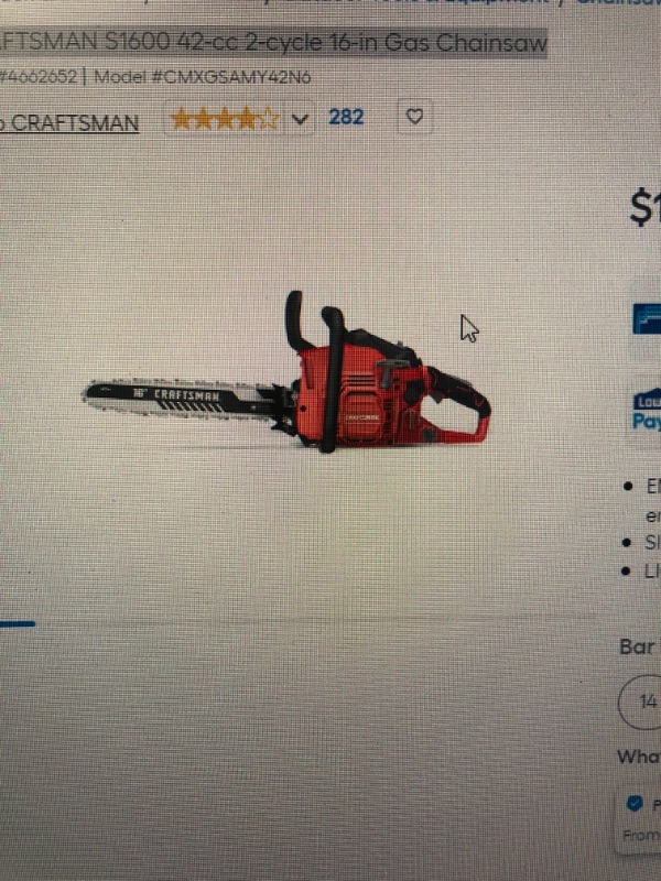 Photo 1 of ***SEE NOTES***CRAFTSMAN S1600 42-cc 2-cycle 16-in Gas Chainsaw