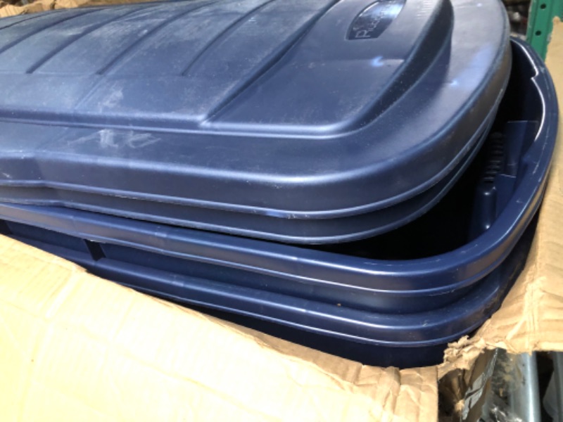 Photo 1 of Rubbermaid Roughneck? 40 Gallon Storage Totes, Pack of 2, Durable Stackable Storage Containers with Hinged Lids, Nestable Plastic Storage Bins for Tools or Moving Boxes, Dark Indigo Metallic Dark Indigo Metallic 40 Gal - 2 Pack