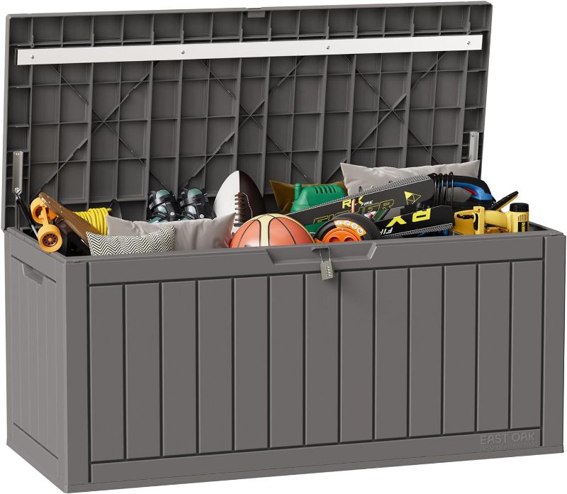 Photo 1 of (NON-REFUNDABLE) EAST OAK Outdoor Storage Box, 90 Gallon Deck Box, Waterproof Resin Storage Bin for Patio Cushions, Gardening Tools, Outdoor Toys, Lockable, UV Resistant, Grey