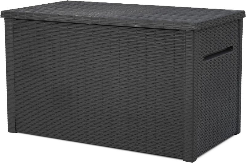 Photo 1 of ***NONREFUNDABLE - NOT FUNCTIONAL - FOR PARTS ONLY - SEE COMMENTS***
Keter Java XXL 230 Gallon Resin Rattan Look Large Outdoor Storage Deck Box for Patio Furniture Cushions, Pool Toys, and Garden Tools, Dark Grey