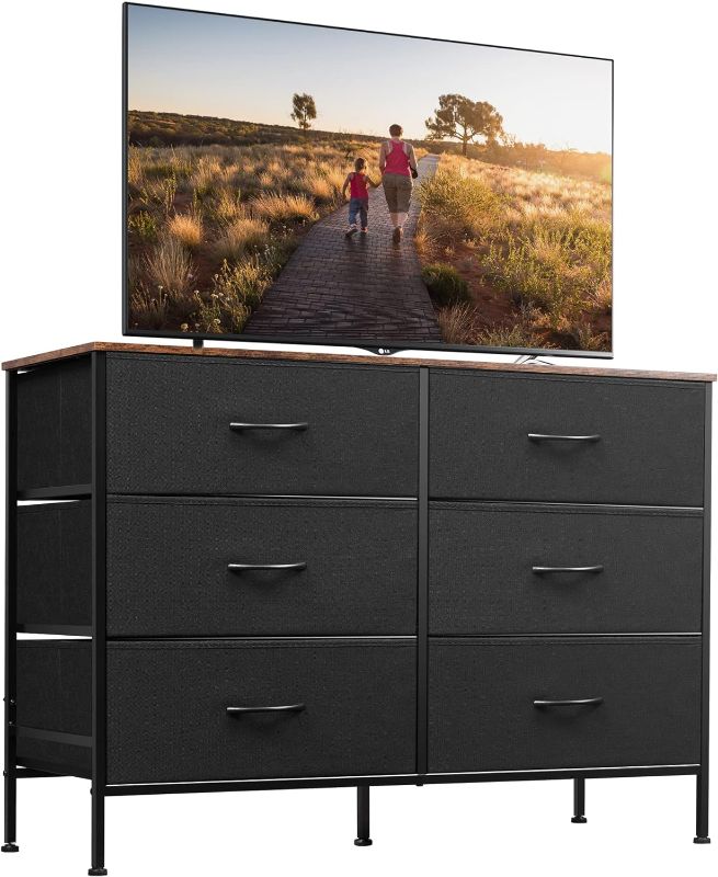 Photo 1 of (READ FULL POST) WLIVE Wide Dresser with 6 Drawers, TV Stand for 50" TV, Entertainment Center with Metal Frame, Wooden Top, Fabric Storage Dresser for Bedroom, Hallway, Entryway, Black and Rustic Brown
