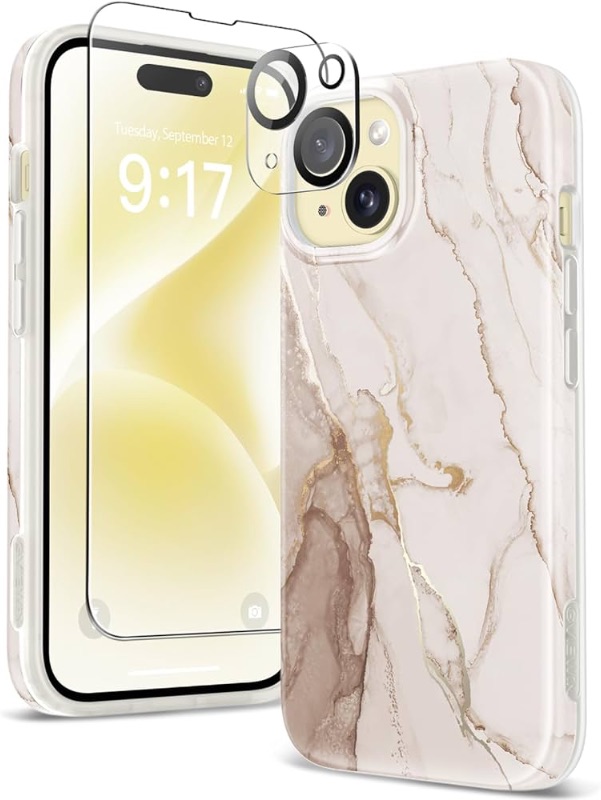 Photo 1 of GVIEWIN Marble for iPhone 15 Case, with Screen Protector & Camera Lens Protector, [10FT Military Grade Drop Protection] Slim TPU Phone Case Cover Women for iPhone 15 6.1" 2023 (Shweta/Beige)