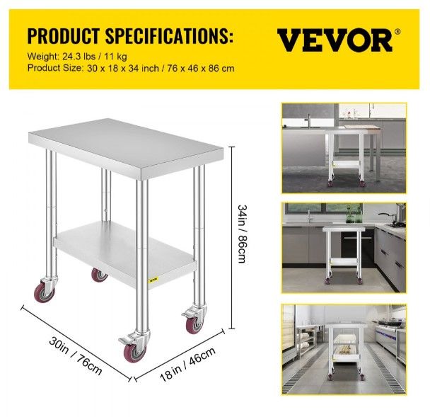 Photo 5 of (READ FULL POST) Stainless Steel Table for Prep & Work with 4 Caster Wheels with Adjustable Undershelf 24 x 30 NSF Metal Commercial Kitchen Worktable for Restaurant Home Outdoor Table With Wheels 24"x30" **STOCK PHOTO ITEM SIMILAR**