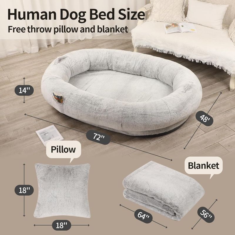 Photo 1 of ***READ NOTES***
Gaint Human Dog Bed for Adults, Calming Dog Bed Fits Pet Families with Fluffy Blanket and Pillow, Oval Anti-Anxiety Bean Bag Dog Bed, Grey