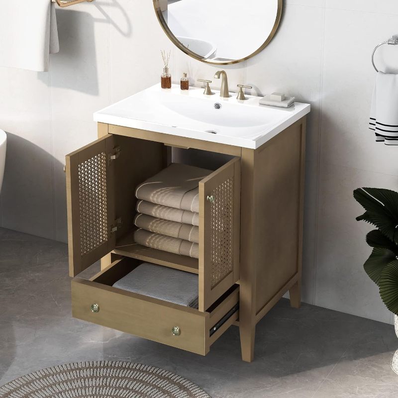 Photo 1 of ***READ NOTES***
Harper & Bright Designs 24" Bathroom Vanity with Sink, Free Standing Single Basin Vanity Set with Two Doors Cabinet and One Drawer, Modern Rattan Bathroom Cabinet Set for Bathroom, Natural