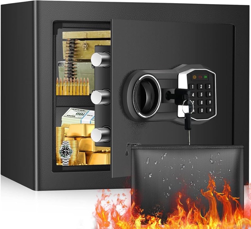 Photo 1 of ** MINOR SCUFFS AND SCRATCHES-KEYS ARE FUNCTIONAL**
1.6 Cub Home Safe Fireproof Waterproof, Fireproof Safe Box with Fireproof Money Bag, Digital Keypad Key and Removable Shelf, Personal Security Safe for Home Firearm Money Medicines Valuables